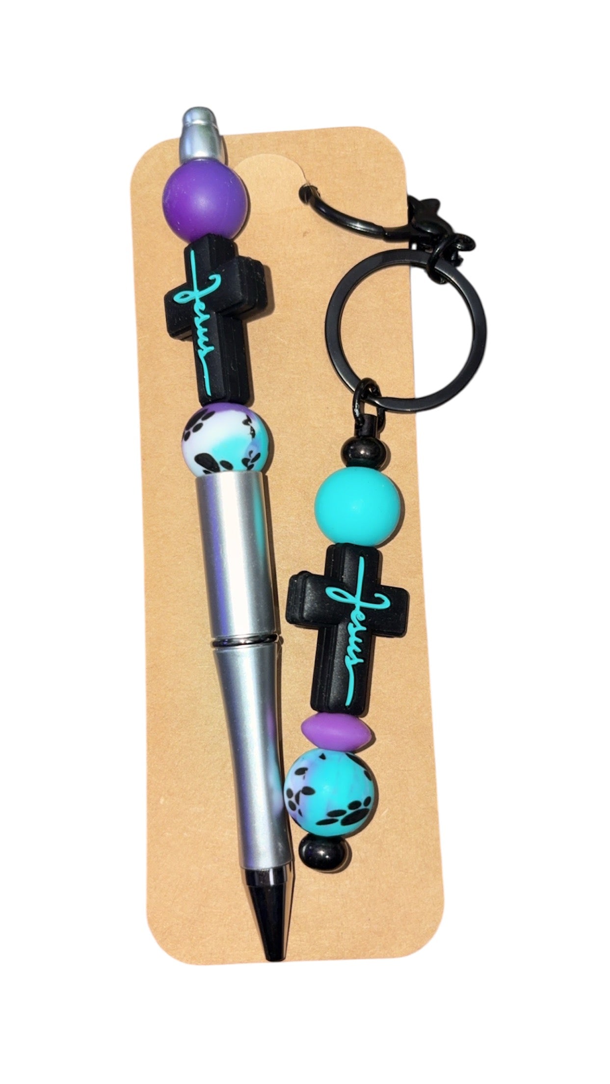 “Jesus” turquoise, silver, black handmade keychain/pen bundle