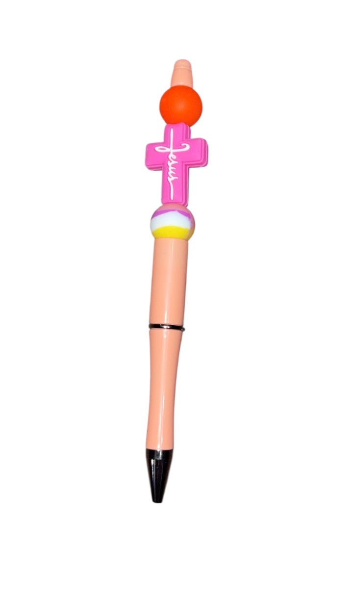 “Jesus” peach/pink hand beaded handmade pen