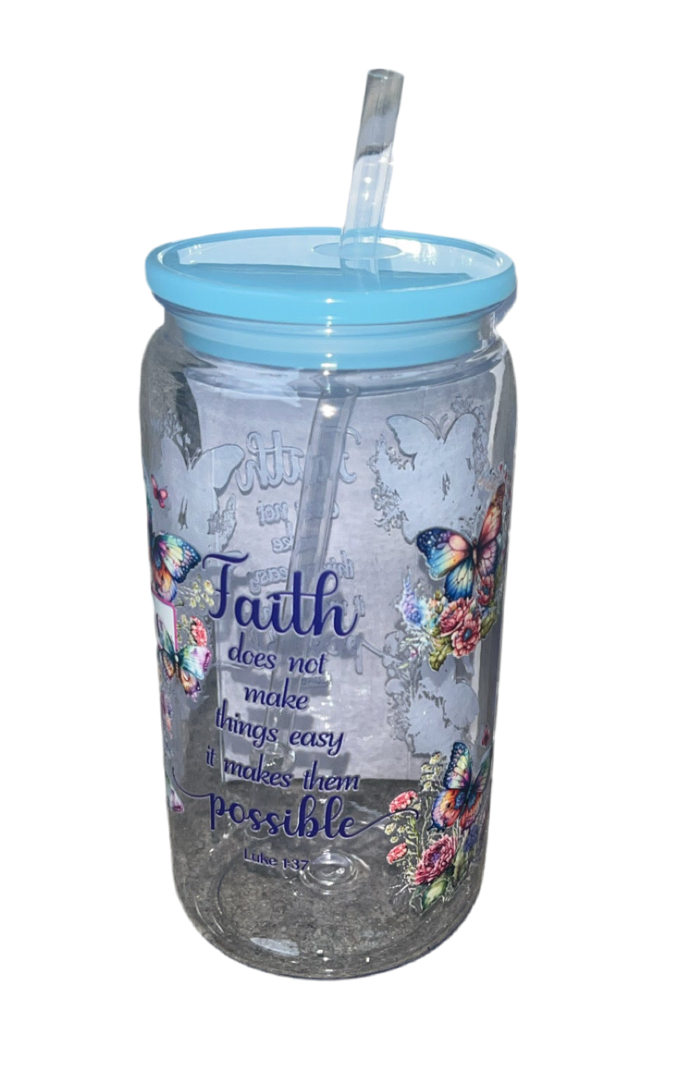 16oz plastic cup with jelly colored lid w/straw “Faith”
