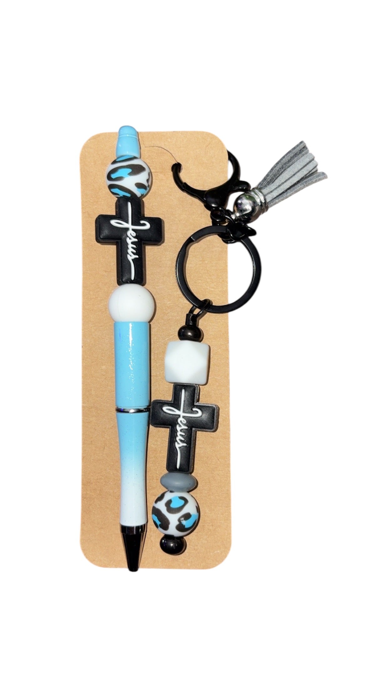 “Jesus” white, blue black pen and keychain set