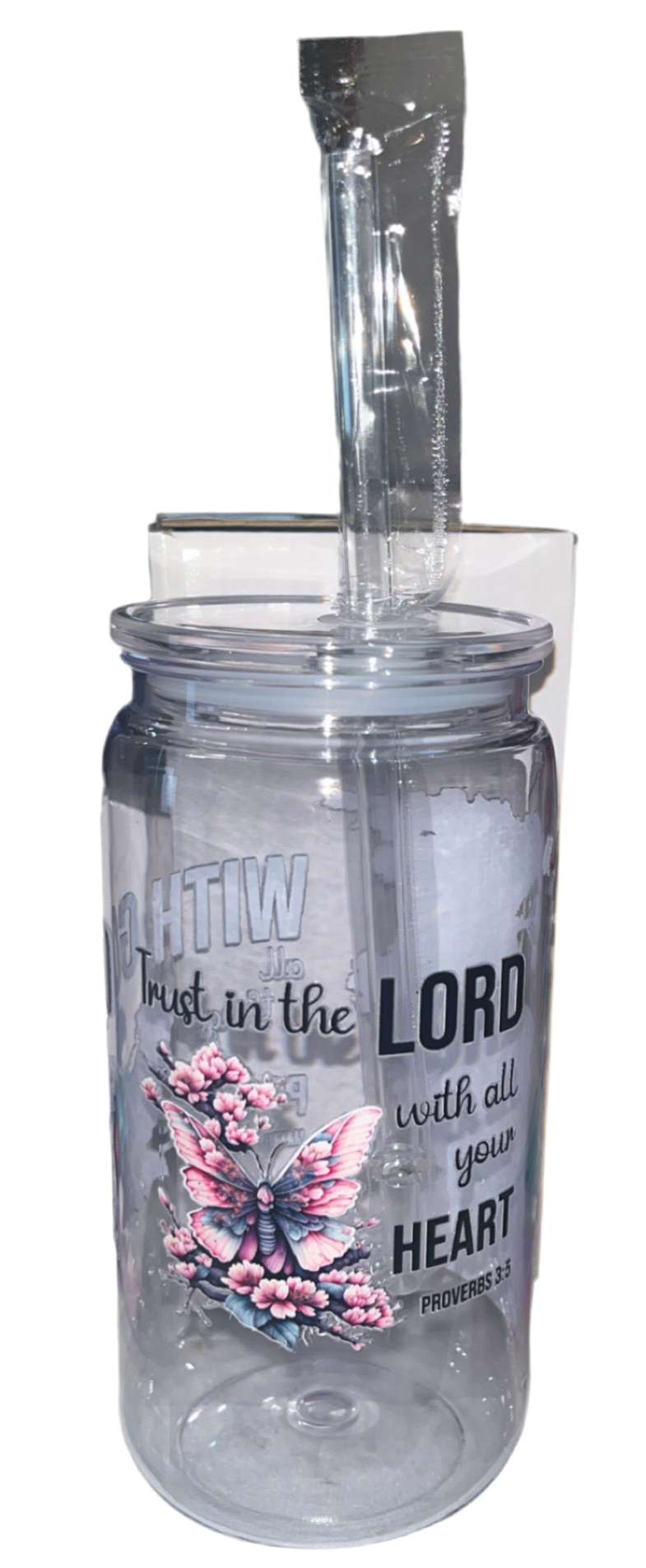 16oz plastic cup with jelly colored lid W/straw “ with God all things are possible”