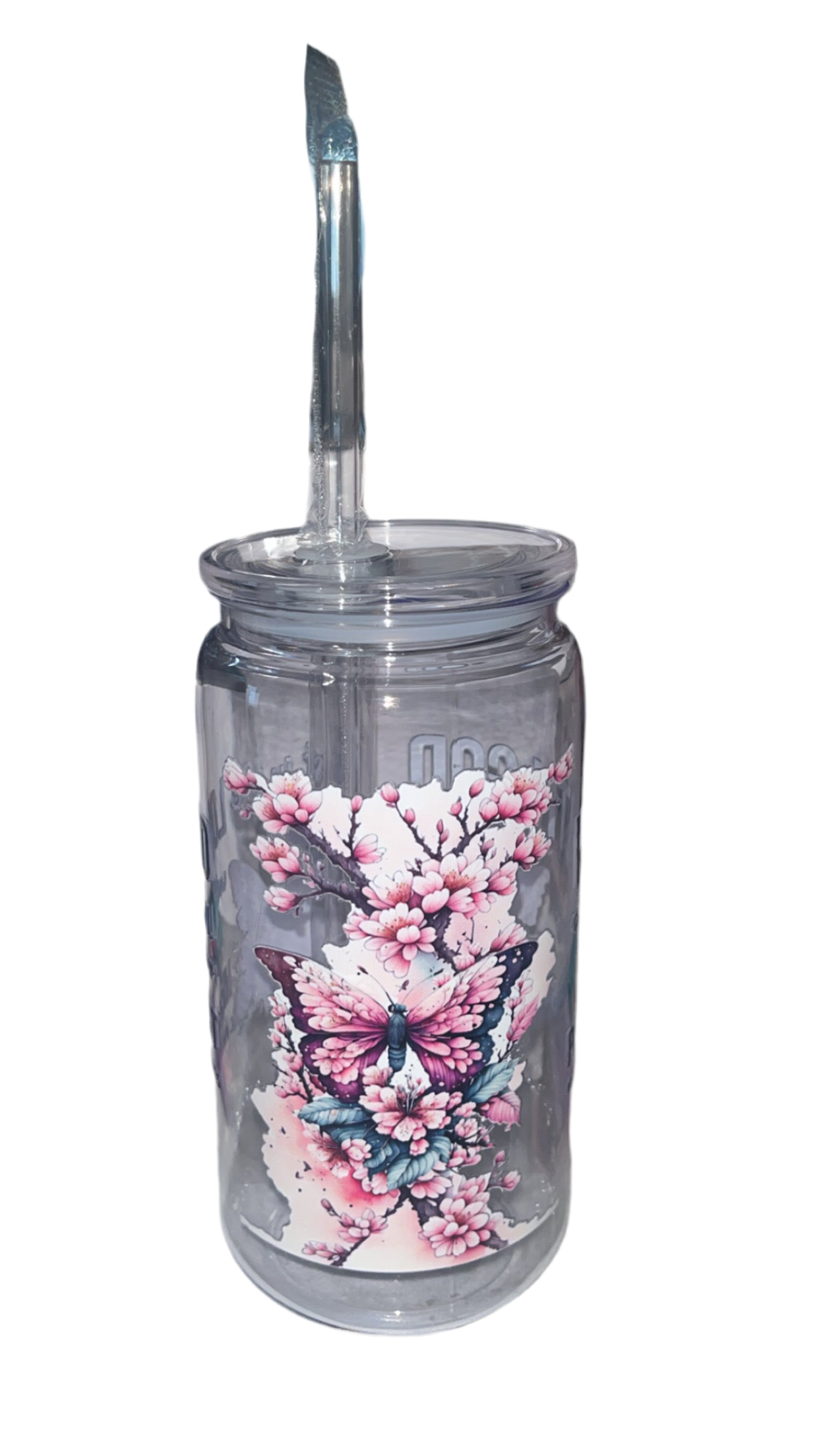 16oz plastic cup with jelly colored lid W/straw “ with God all things are possible”