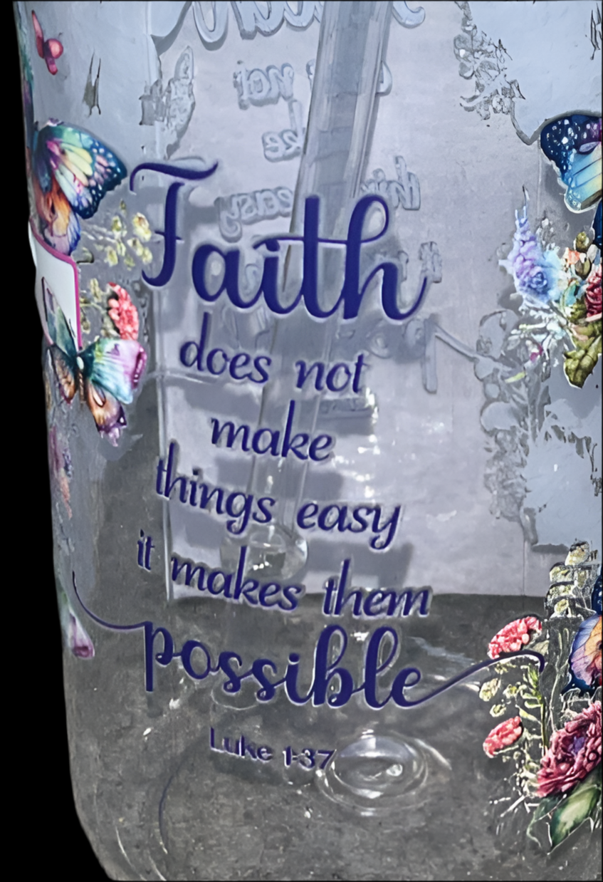 16oz plastic cup with jelly colored lid w/straw “Faith”