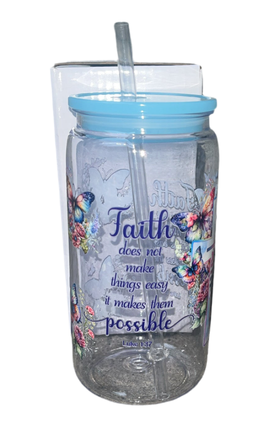 16oz plastic cup with jelly colored lid w/straw “Faith”