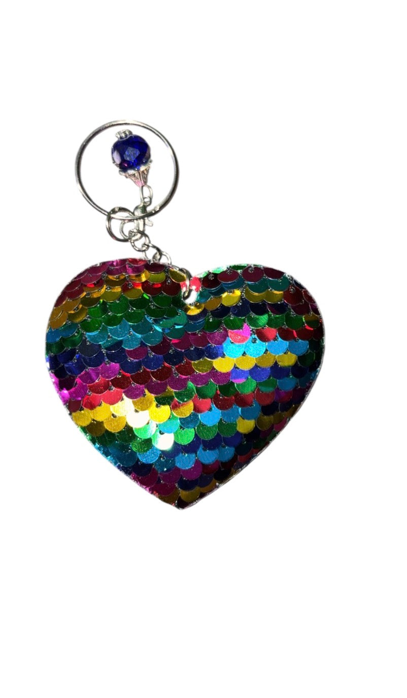 Rainbow sequenced heart keychain with gem