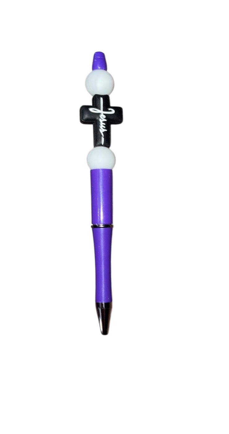 “Jesus” handmade , hand beaded purple/white pen