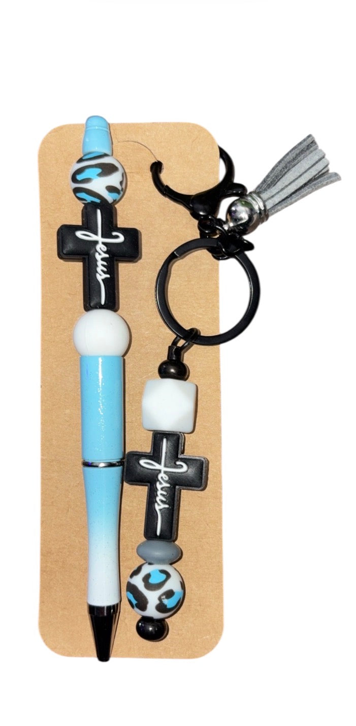 “Jesus” white, blue black pen and keychain set