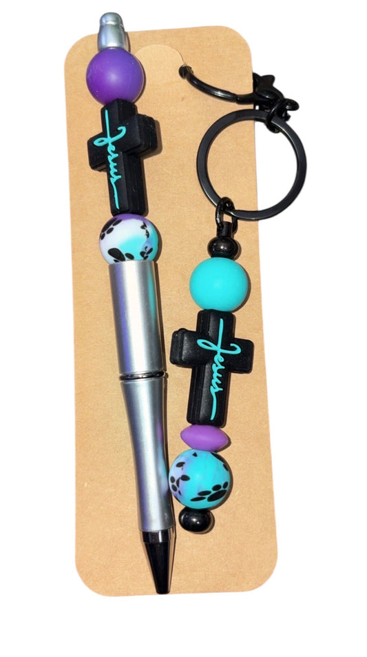 “Jesus” turquoise, silver, black handmade keychain/pen bundle