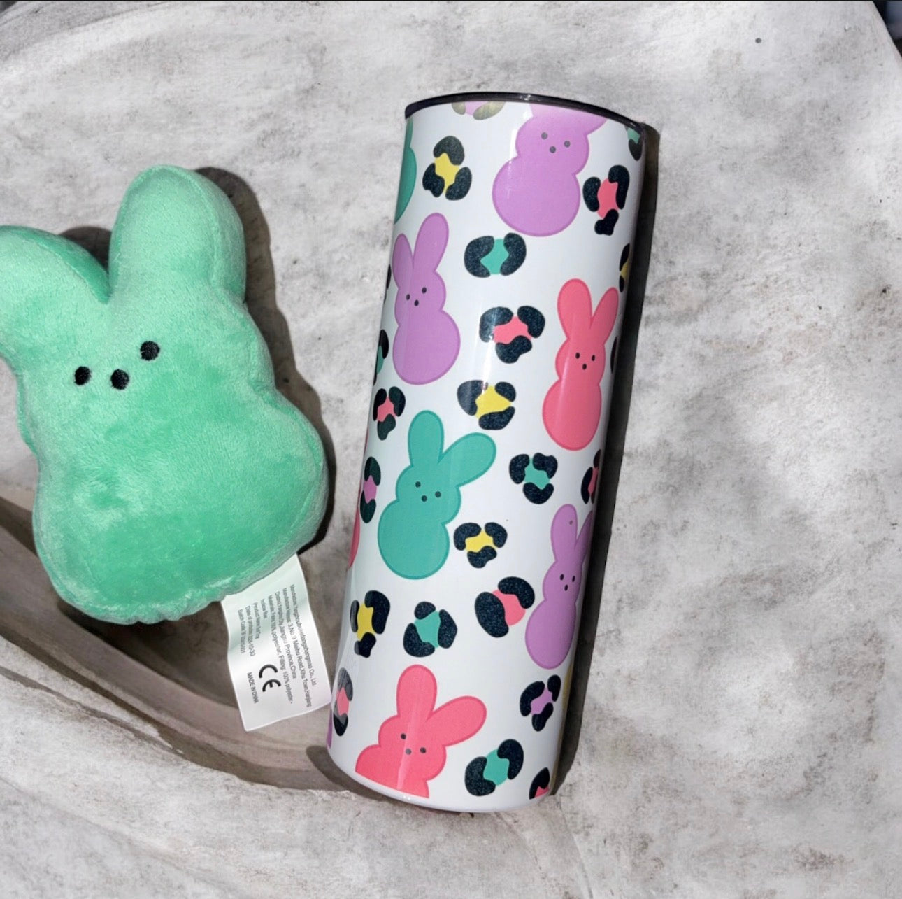 Leopard print Easter bunny tumbler with plush bunny
