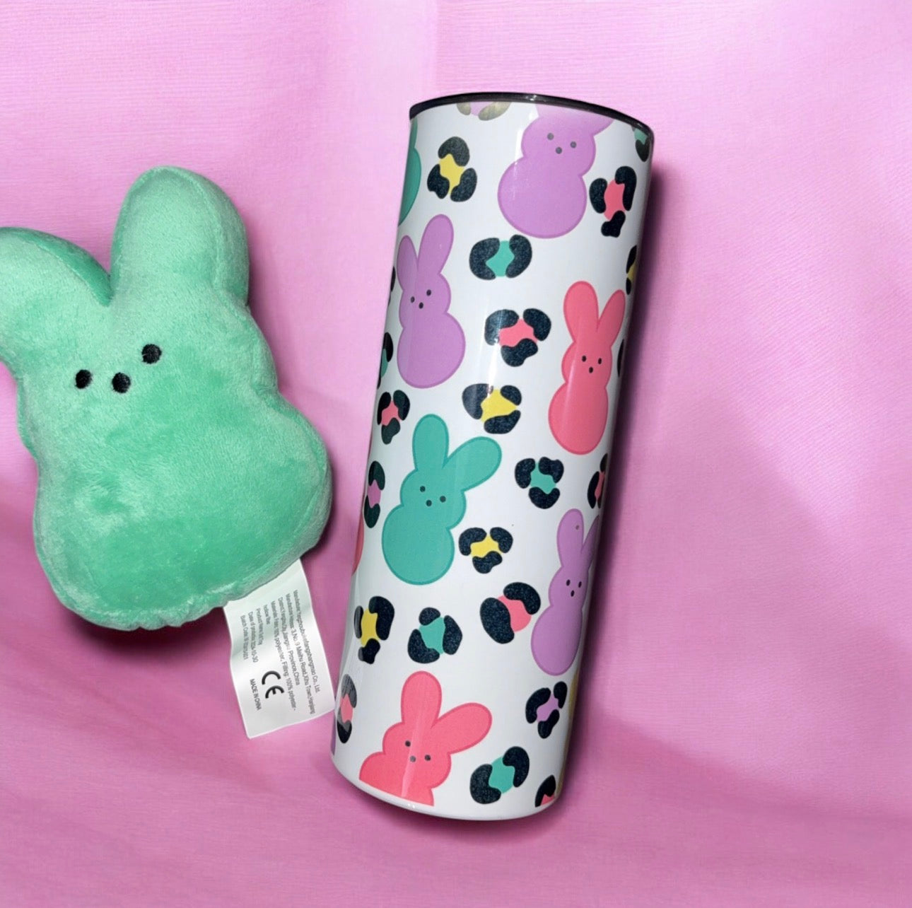 Leopard print Easter bunny tumbler with plush bunny