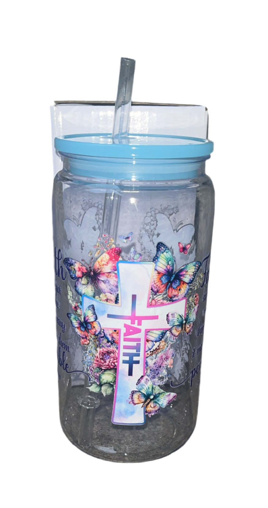 16oz plastic cup with jelly colored lid w/straw “Faith”