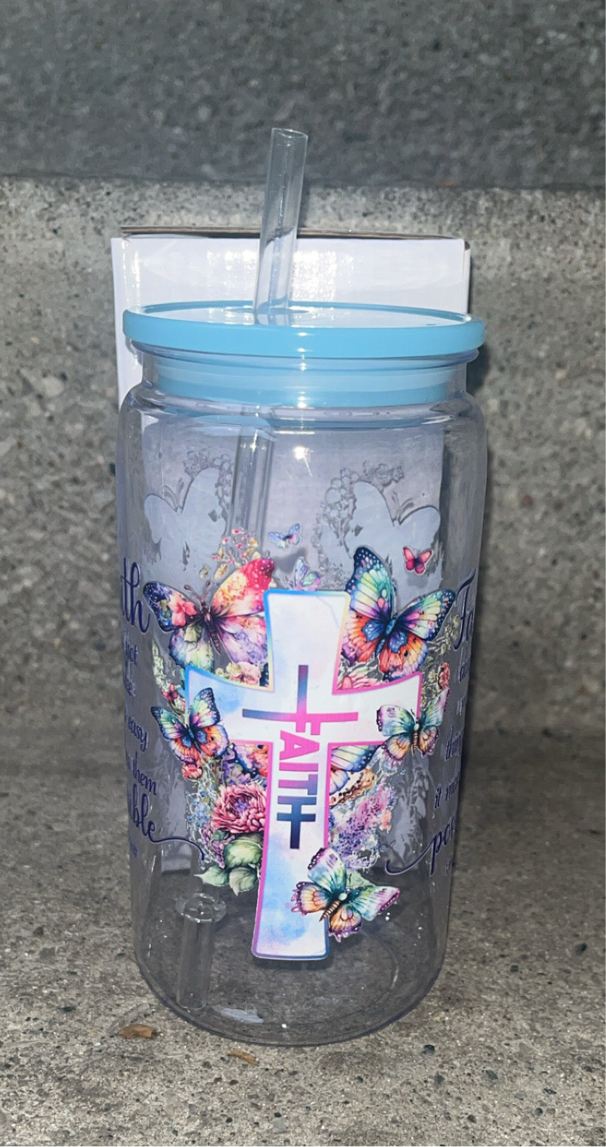 16oz plastic cup with jelly colored lid w/straw “Faith”