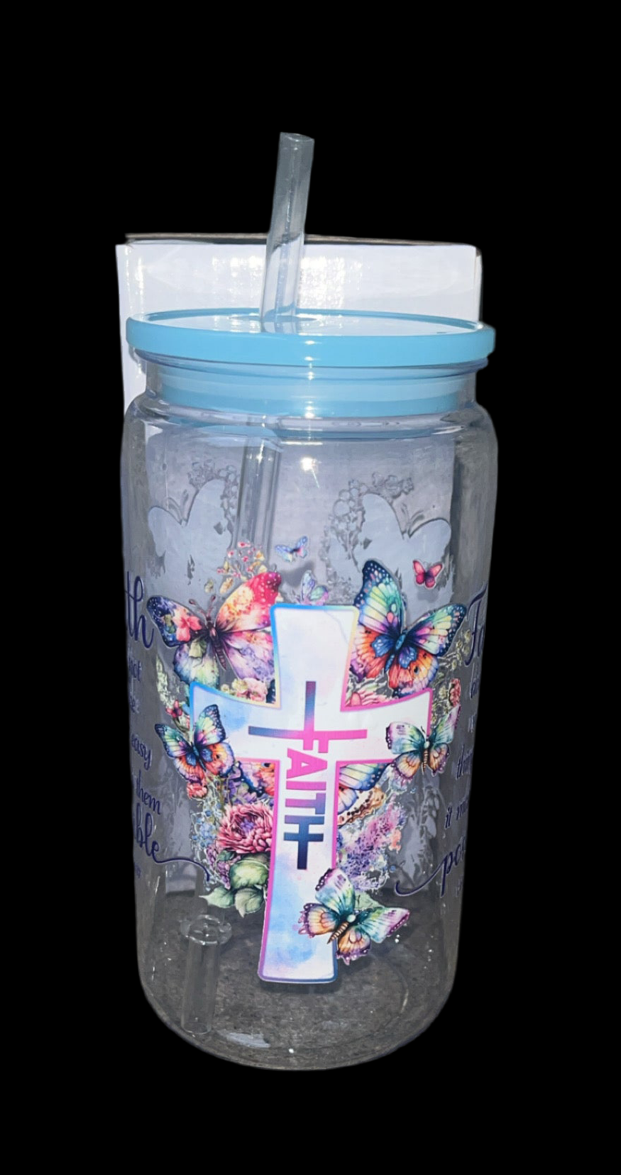 16oz plastic cup with jelly colored lid w/straw “Faith”