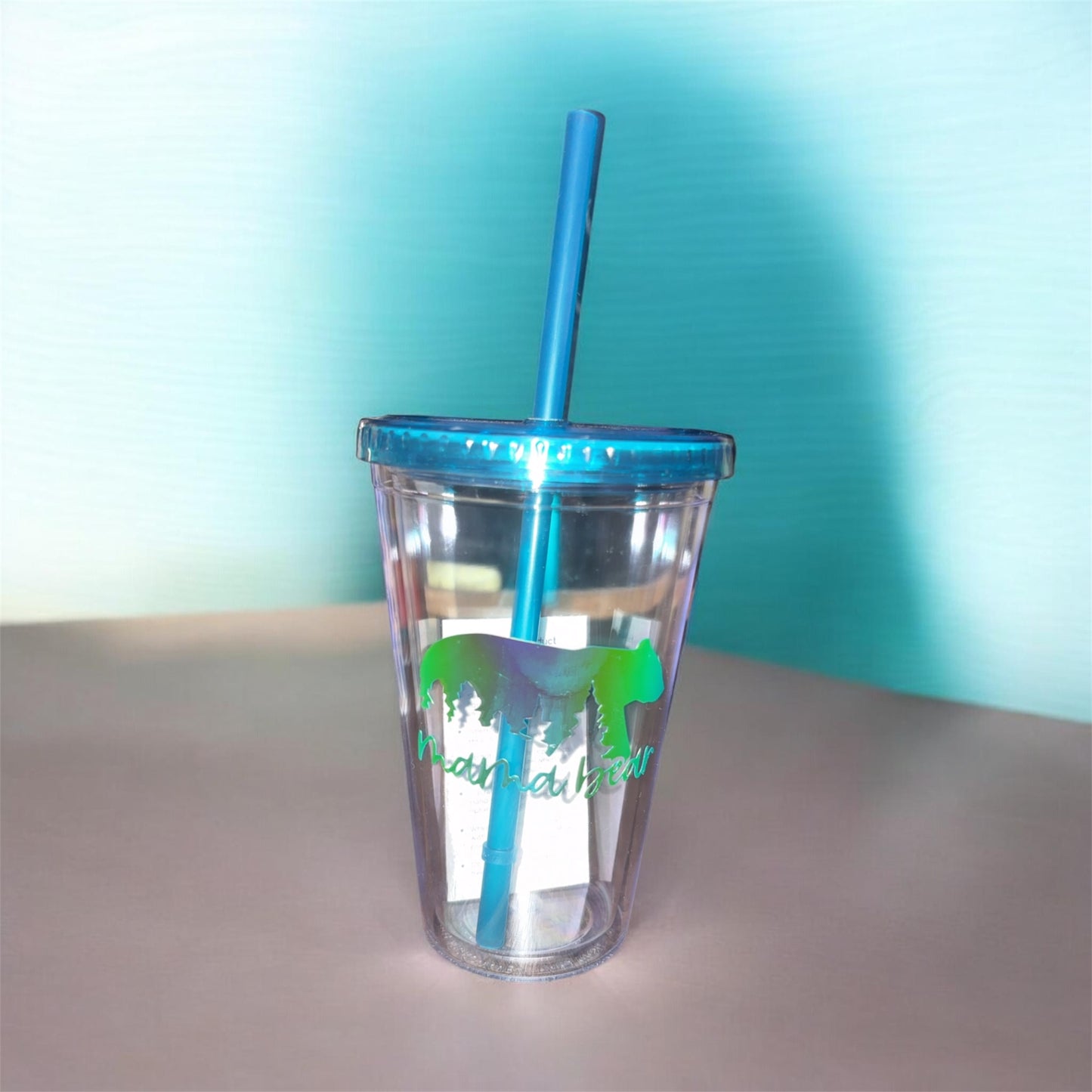 “Mama Bear” 16oz plastic cup w/ lid and straw