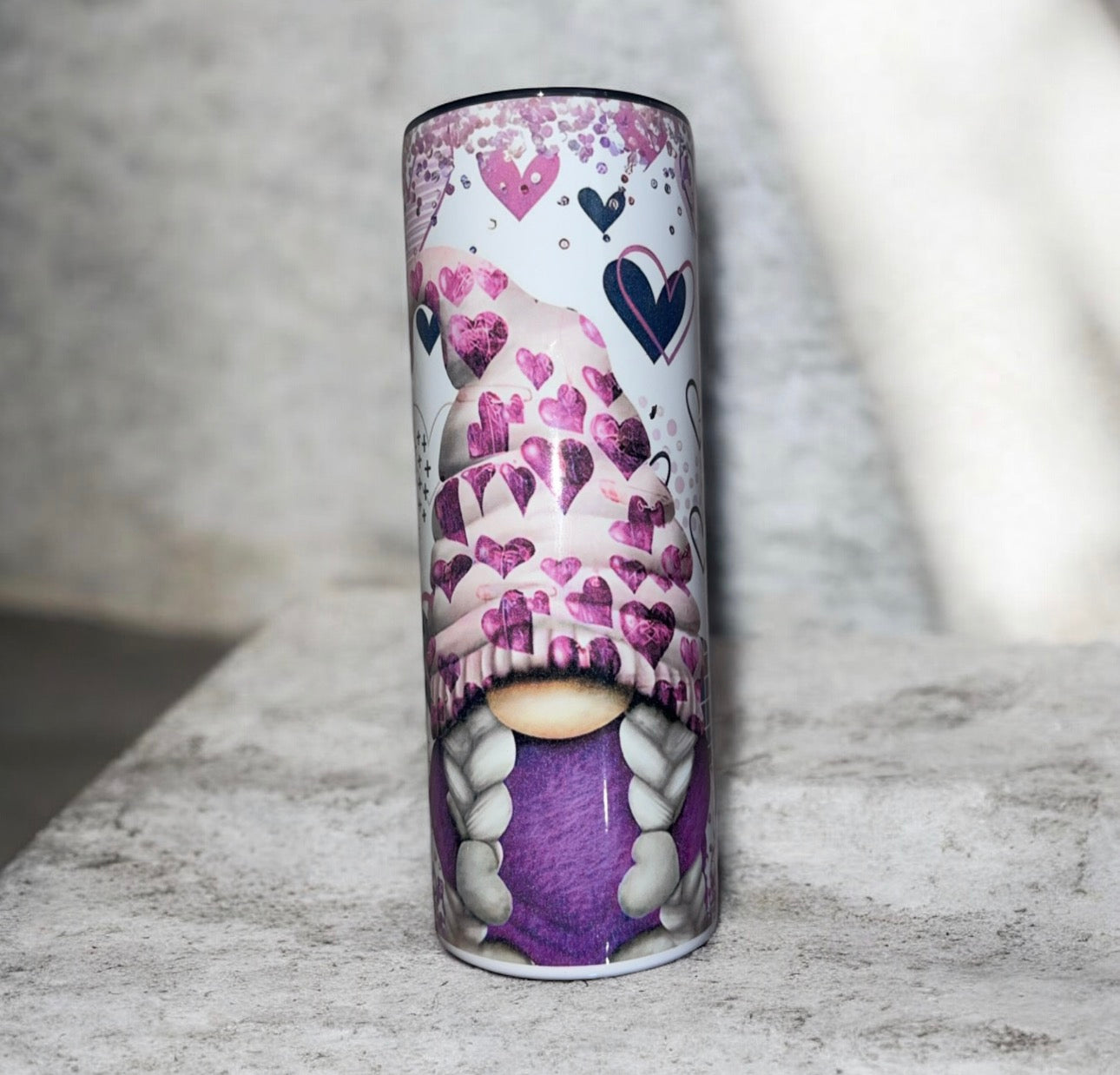 “Purple gnome w/hearts” tumbler