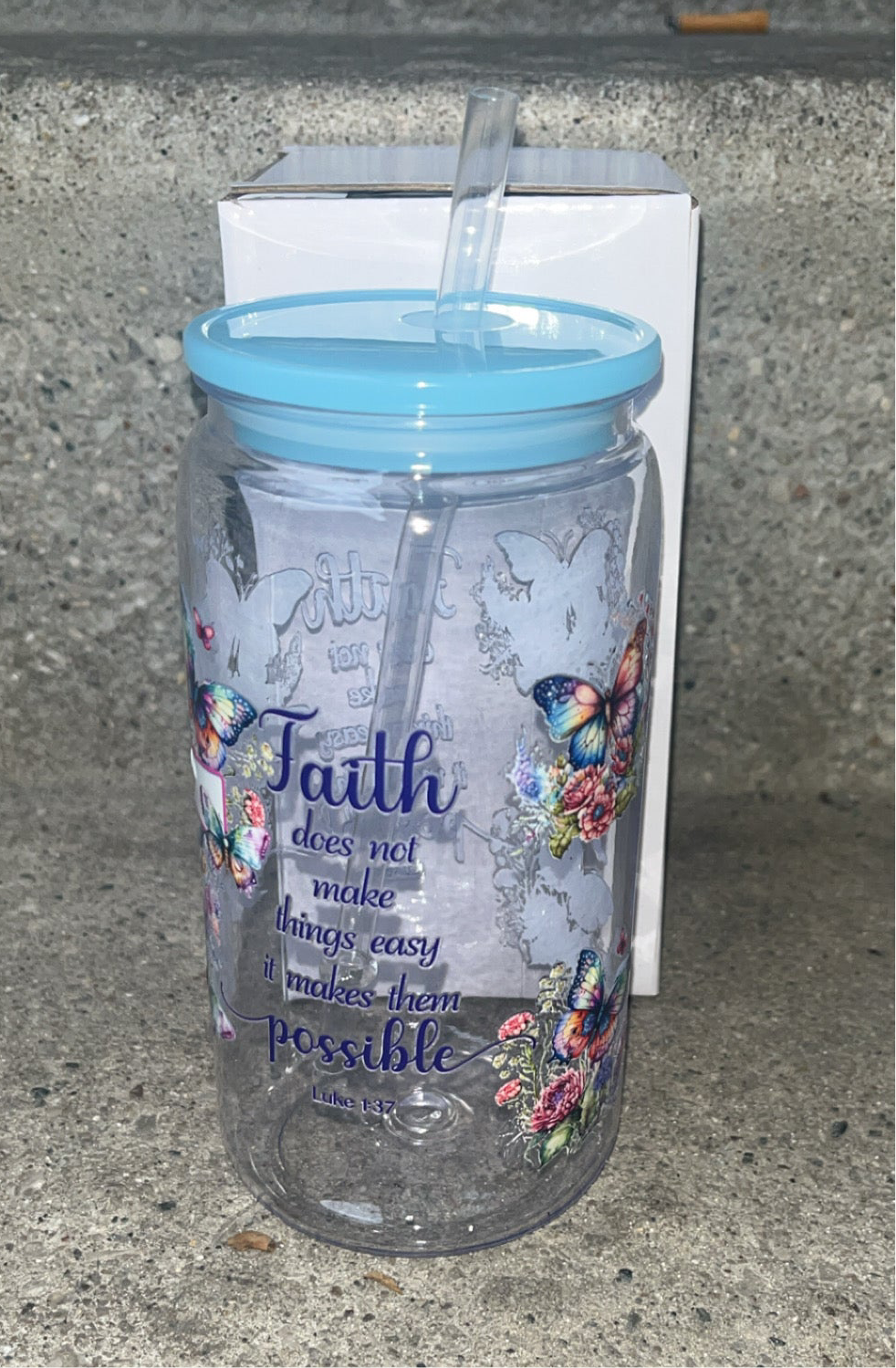 16oz plastic cup with jelly colored lid w/straw “Faith”