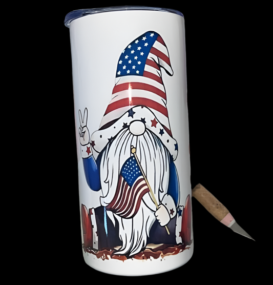 15oz stainless steel tumbler “Red/white/blue flag w/gnome”