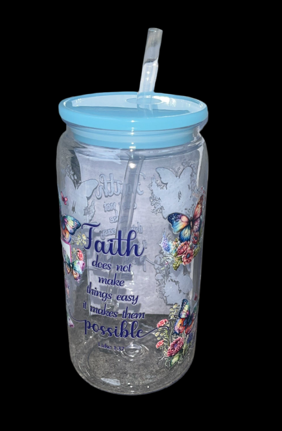 16oz plastic cup with jelly colored lid w/straw “Faith”