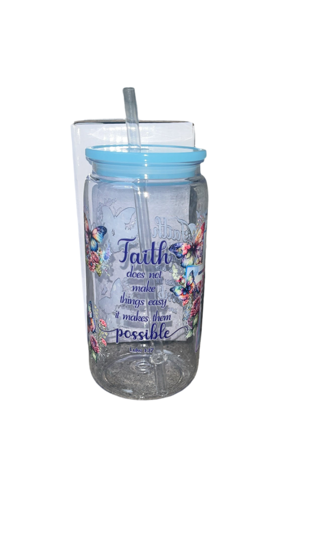 16oz plastic cup with jelly colored lid w/straw “Faith”